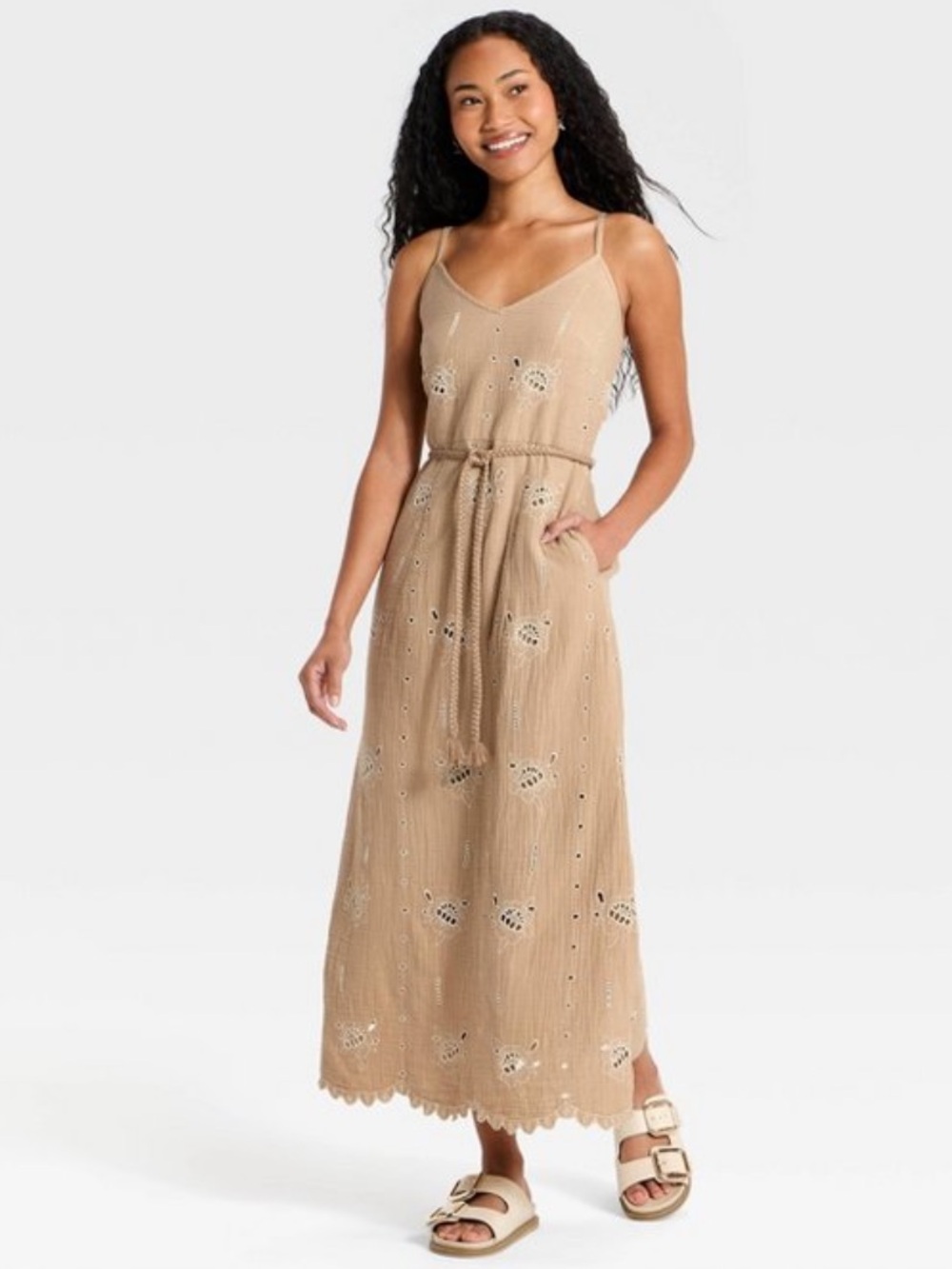 Universal Thread  Tan Eyelet Maxi Dress with Braided Tie